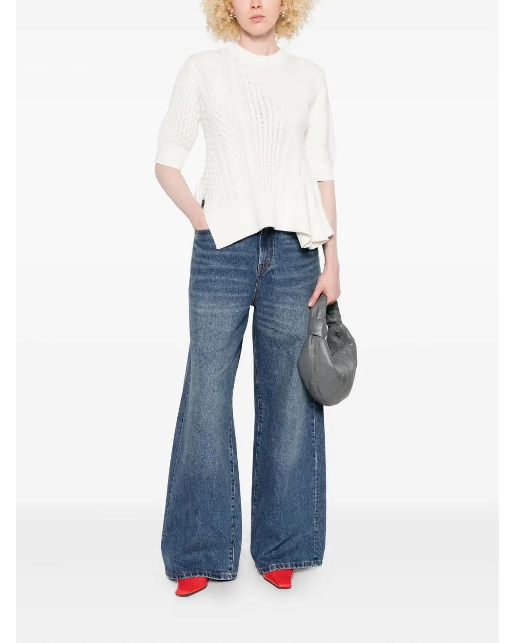 Sacai White Cable-Knit Flared Top