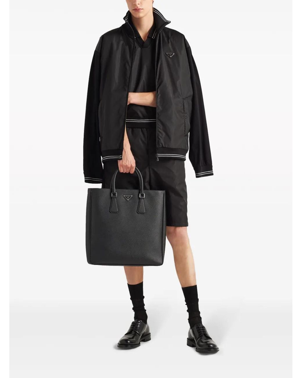 Prada Black Triangle-Logo Panelled Bomber Jacket for men