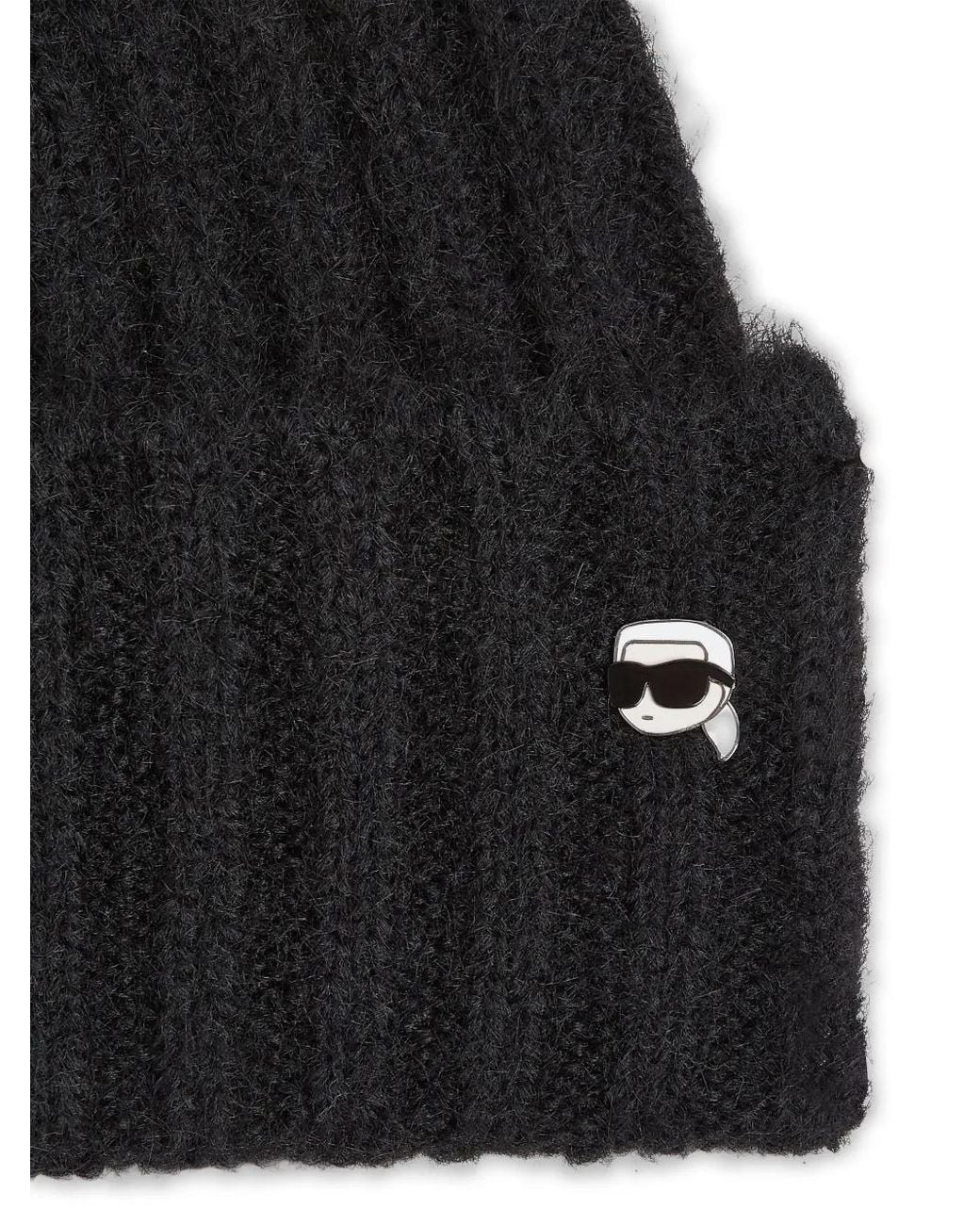 Karl Lagerfeld Black Ikon Ribbed-Knit Beanie Hat