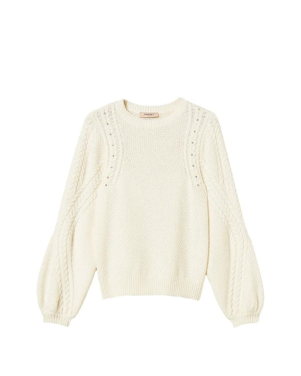 Twinset White Wool Blend Sweater With Cable-Knit And Rhinestones