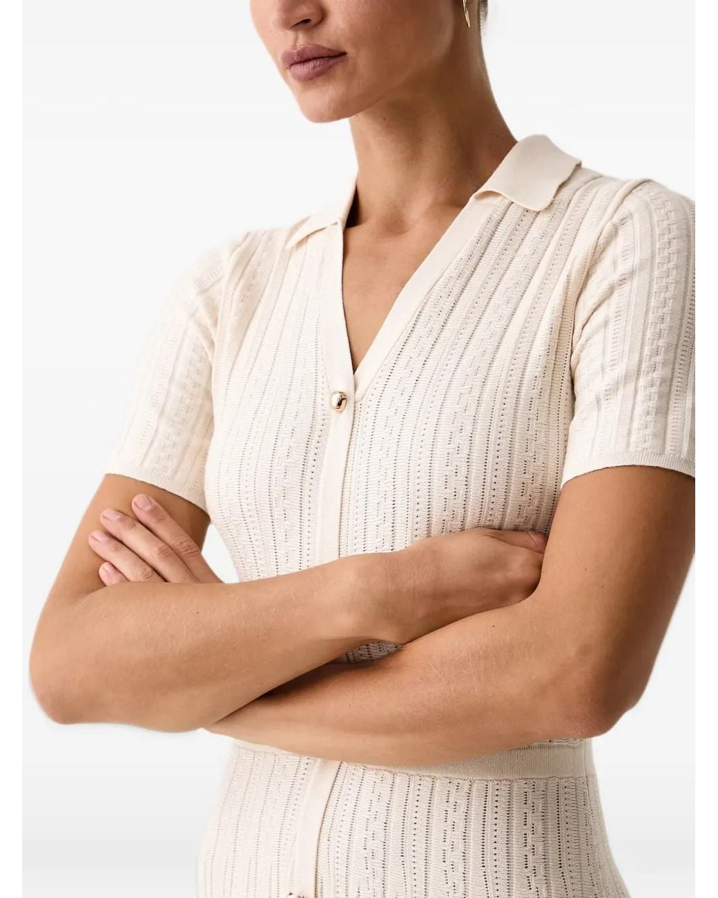 Morgan Natural Pointelle-Knit Button-Down Midi Dress
