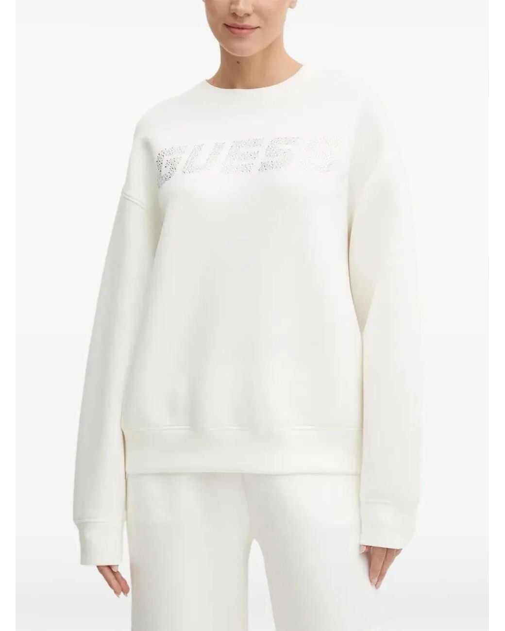 Guess White Cecilia Crystal-Logo Sweatshirt