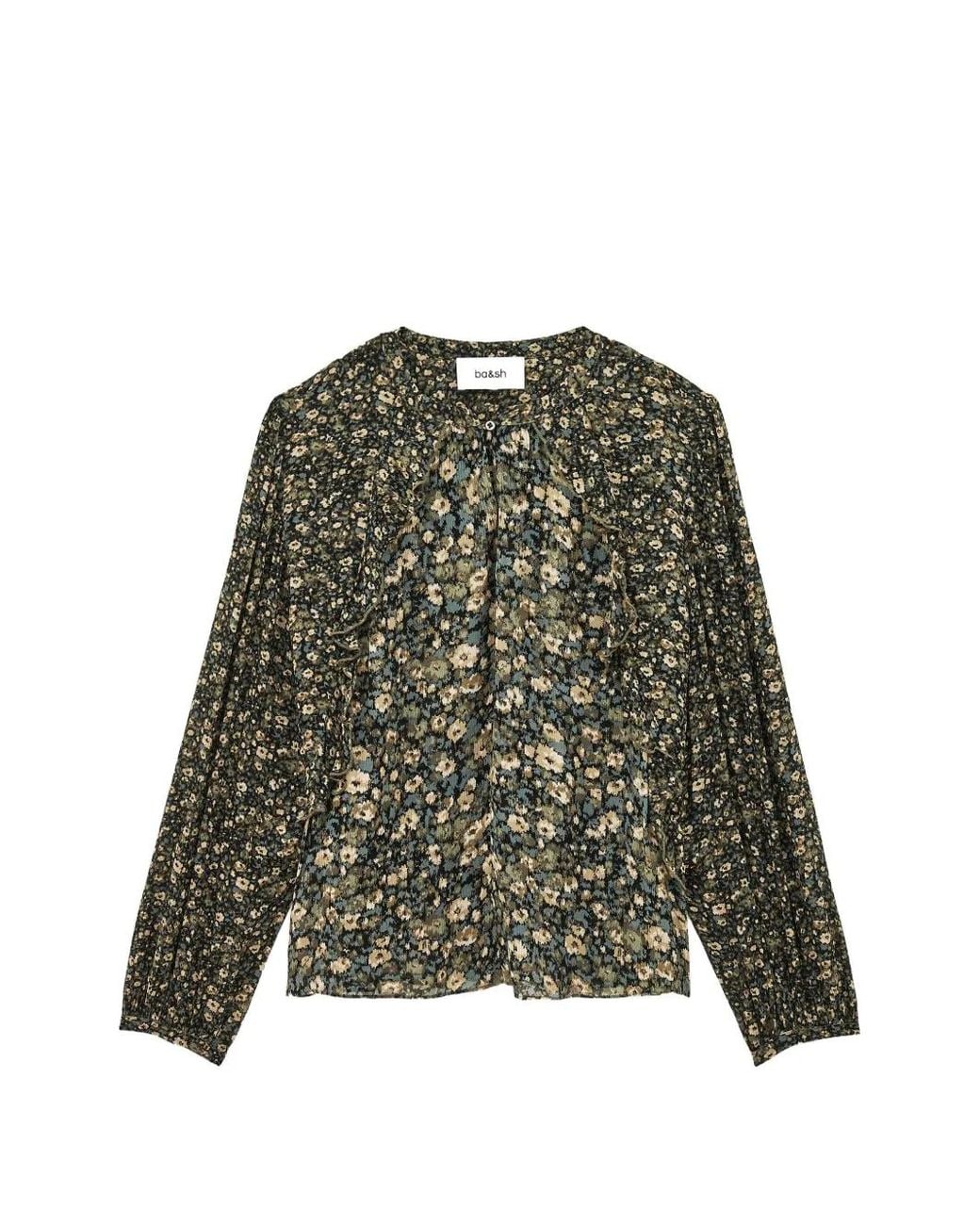 Ba&sh Green Cross Floral-Print Ruffled Blouse