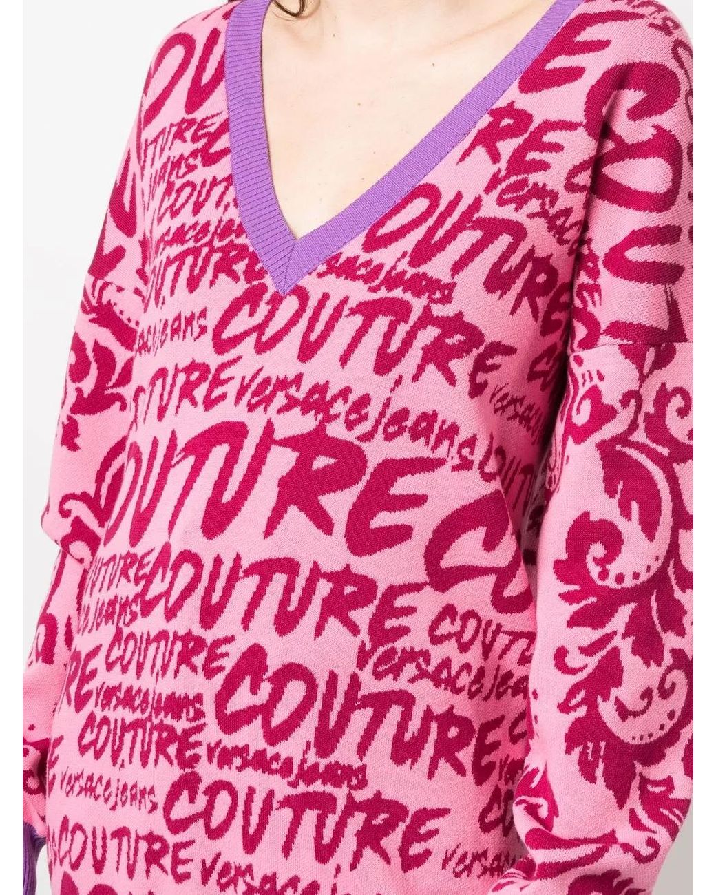Versace Jeans Couture Pink Logo-Intarsia V-Neck Jumper