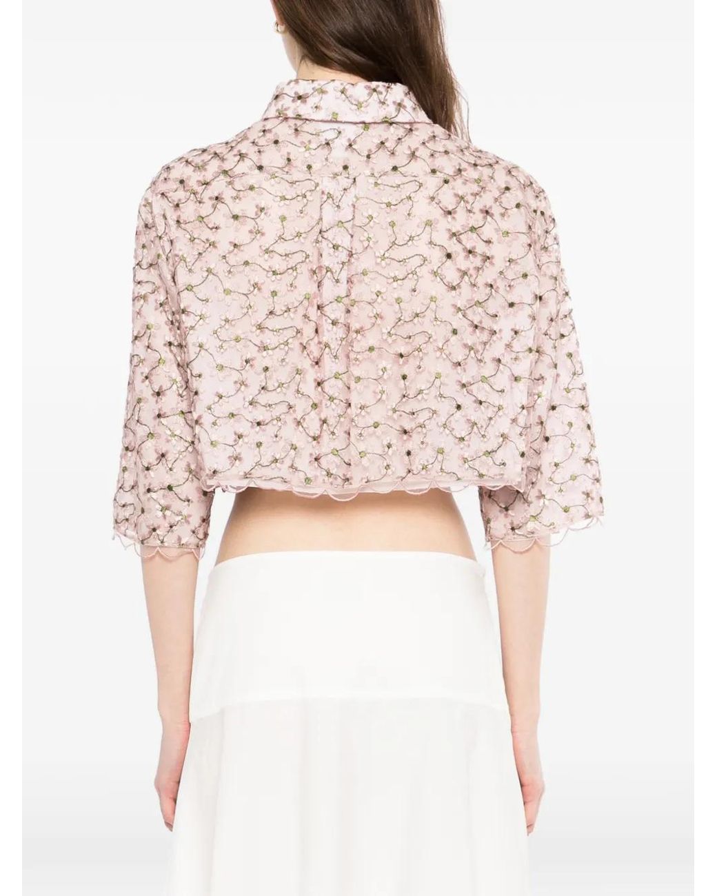 Giambattista Valli Natural Floral-Embroidered Cropped Shirt
