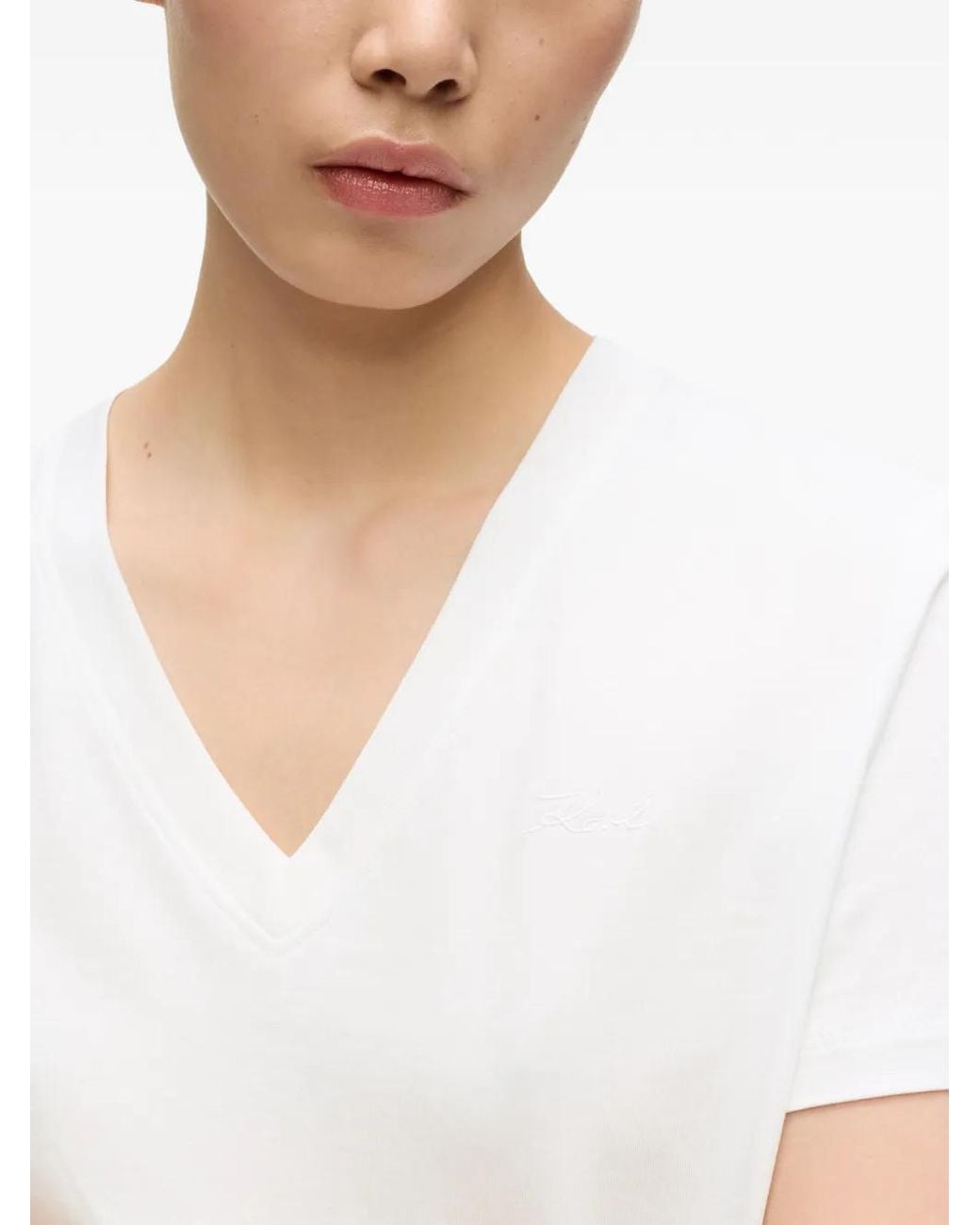 Karl Lagerfeld White Short Sleeve T-Shirt With Embroidered Logo And V-Neck
