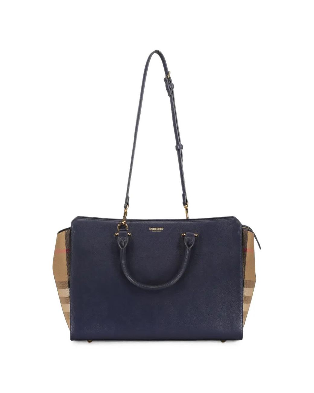 Burberry Blue Check-Panel Leather Tote Bag