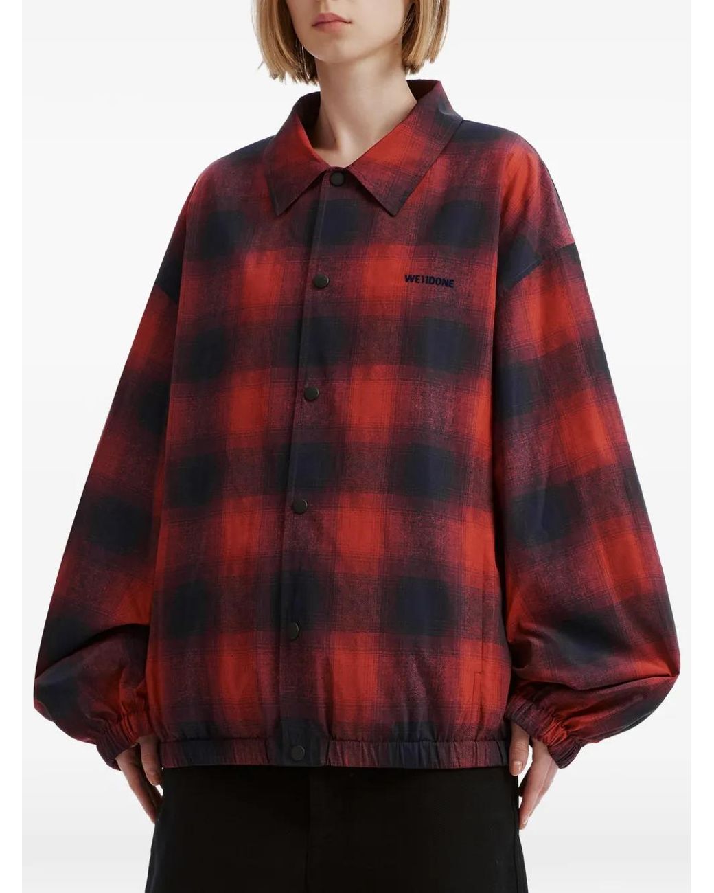we11done Red Check-Print Hooded Jacket