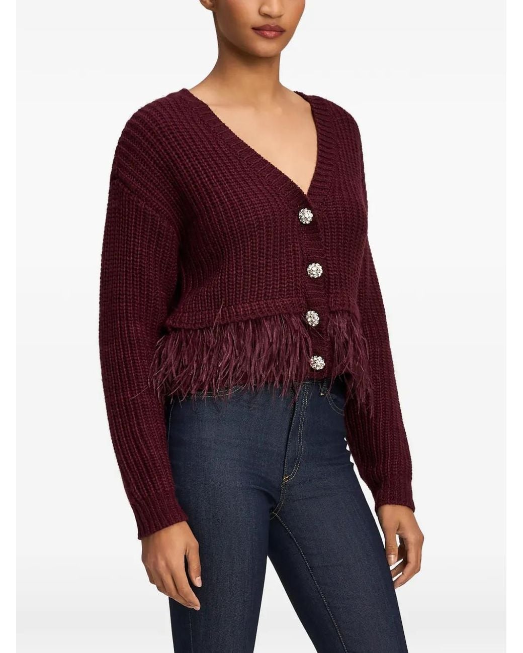 Cinq À Sept Red Cardigan Bordé De Plumes À Boutons En Cristal