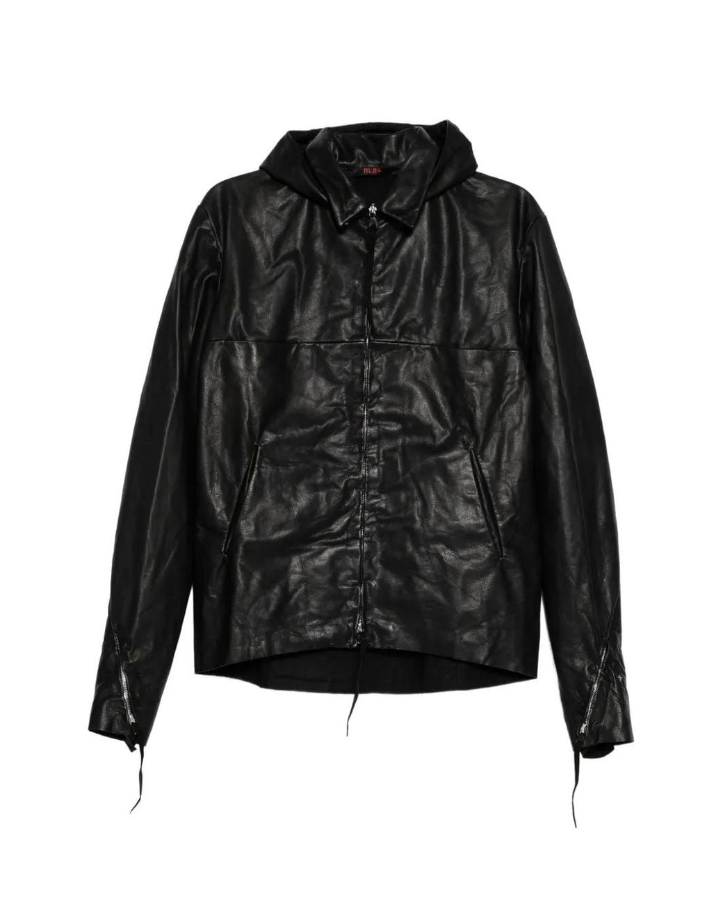 Ma+ Black Detachable-Hood Leather Biker Jacket for men