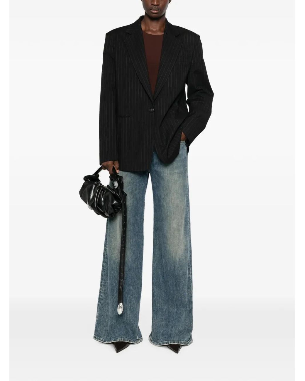 ANDAMANE Black Pinstripe-Pattern Blazer