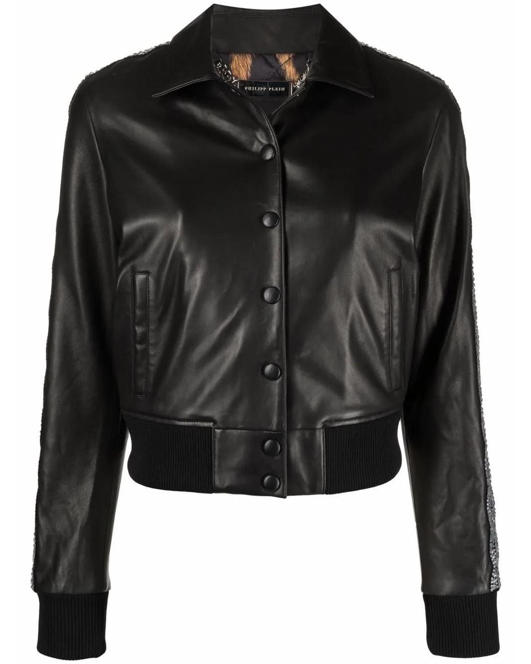 Philipp Plein Black Crystal-Embellished Leather Jacket