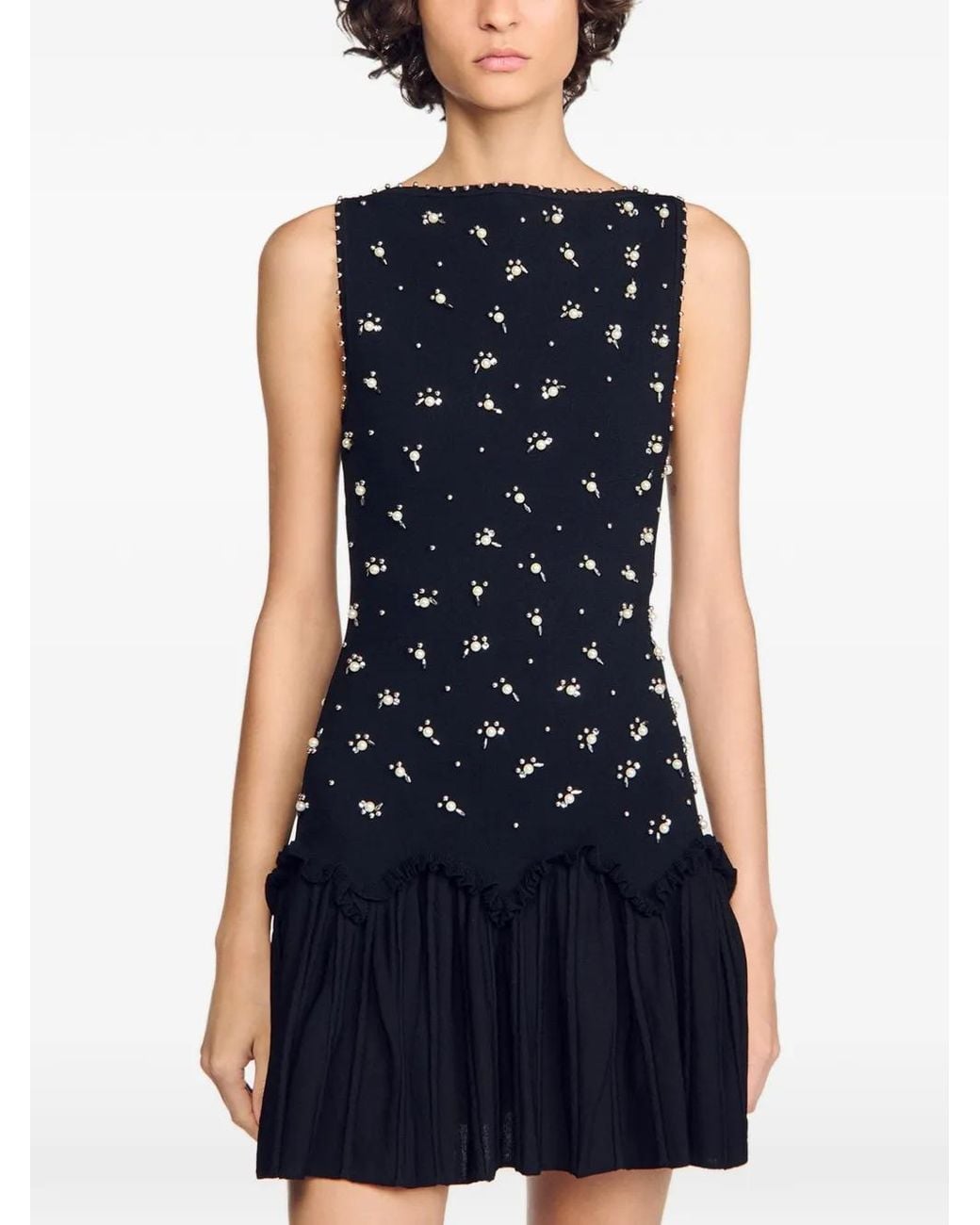 Sandro Black Pearl-Embellished Ruffled Mini Dress