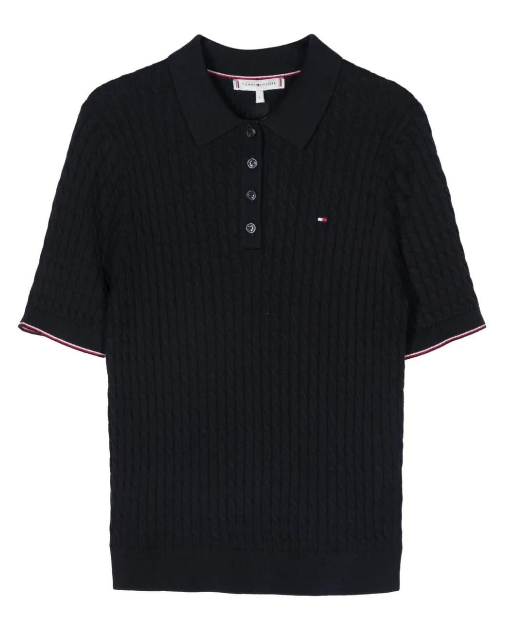 Tommy Hilfiger Black Textured Knit Polo Shirt With Contrast Stripes