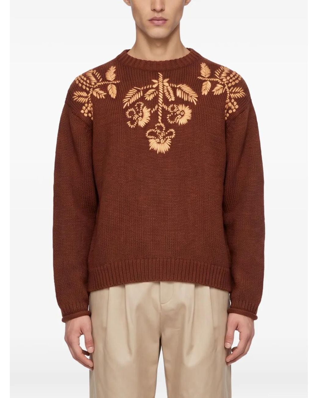 BAZISZT Brown Embroidered Crew-Neck Sweater for men