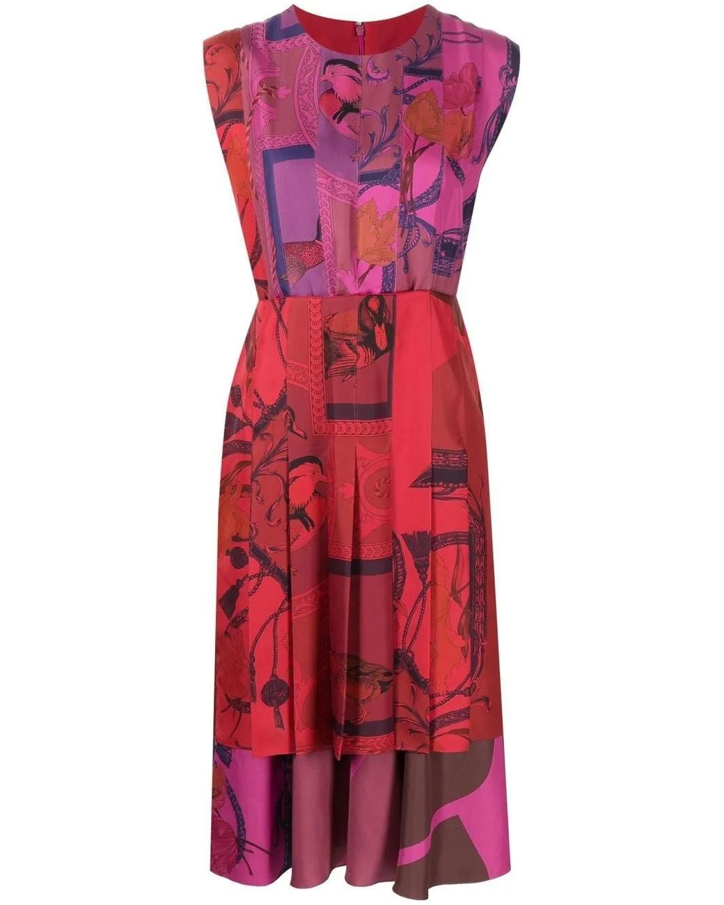 Ferragamo Red Patterned Silk Midi Dress