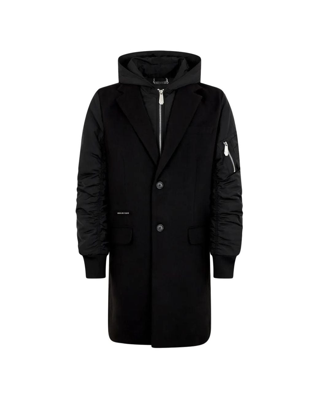 Philipp Plein Black Hooded Single-Breasted Coat for men