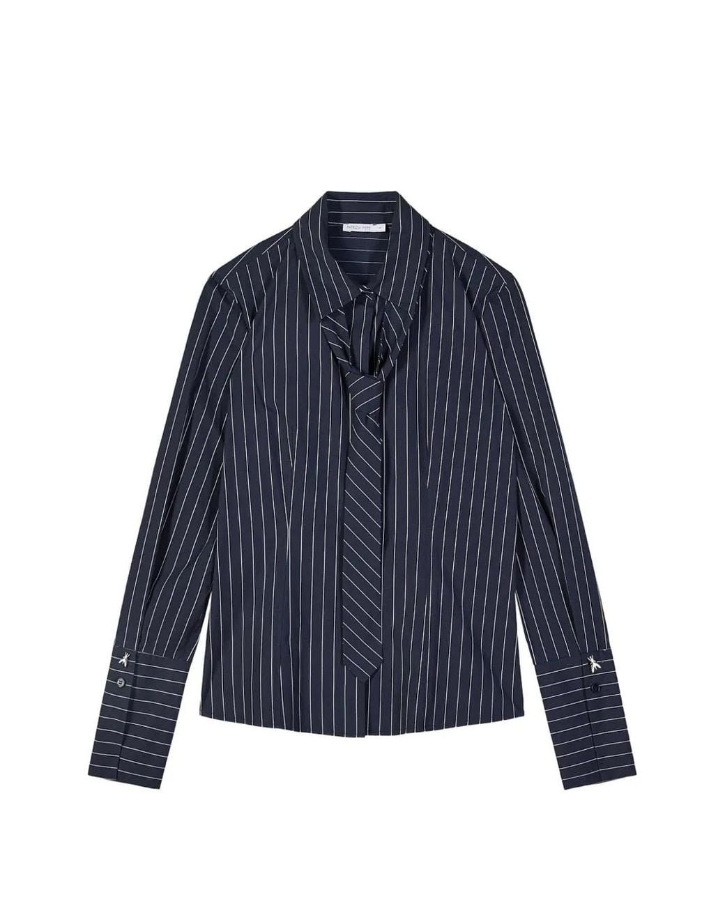 Patrizia Pepe Blue Pinstripe-Pattern Tie-Detail Shirt