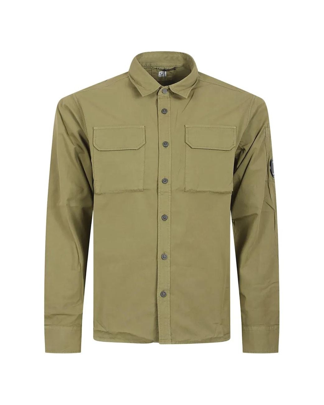 C P Company Green Organic Gabardine Long Sleeve Lens Shirt for men