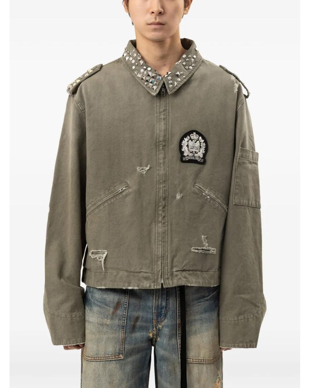 Protocol Index Gray Studded Distressed Shirt Jacket for men