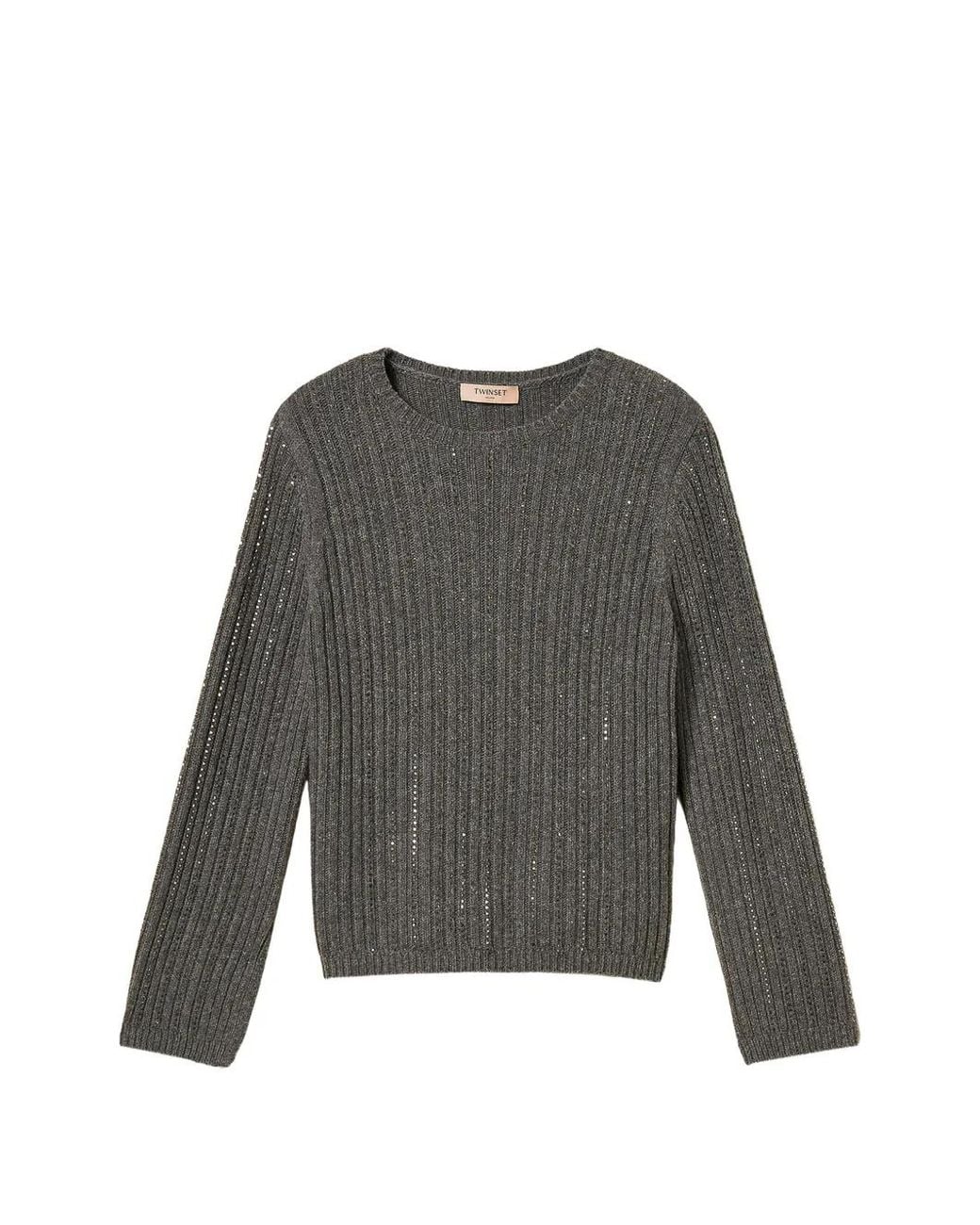Twinset Gray Pull En Maille Côtelée À Détails De Strass