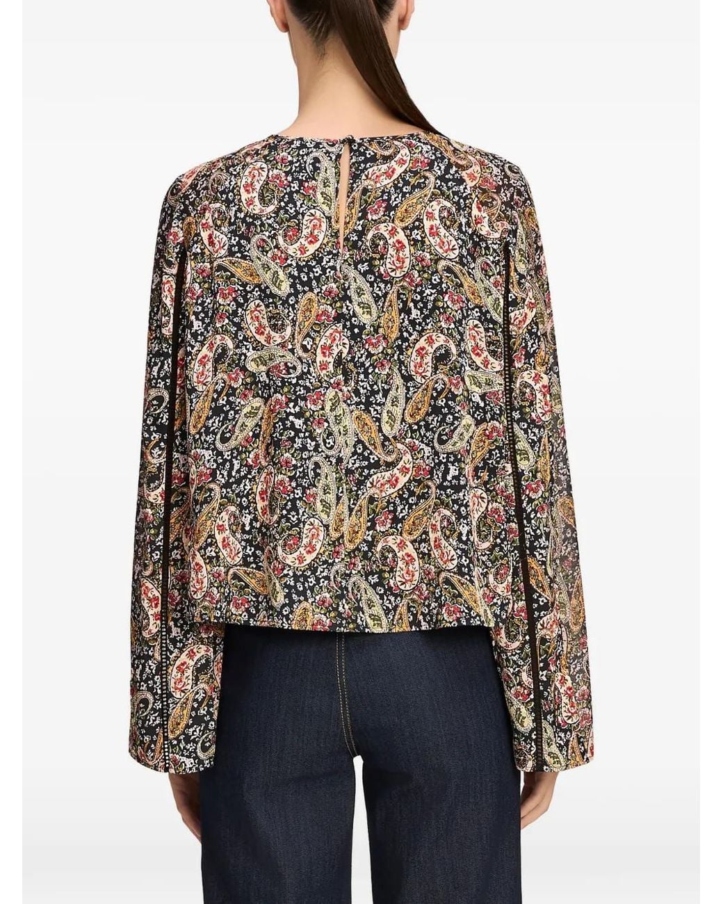 Cinq À Sept Black Virelia Paisley-Print Lace-Trim Blouse