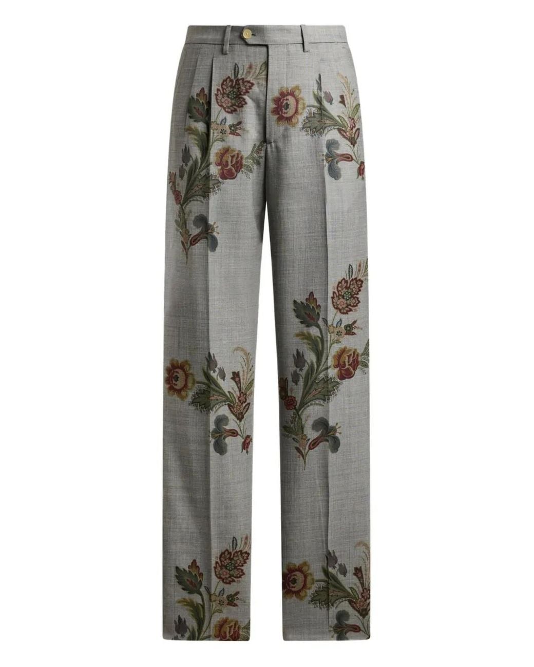 Etro Gray Floral-Printed Pleated Trousers for men