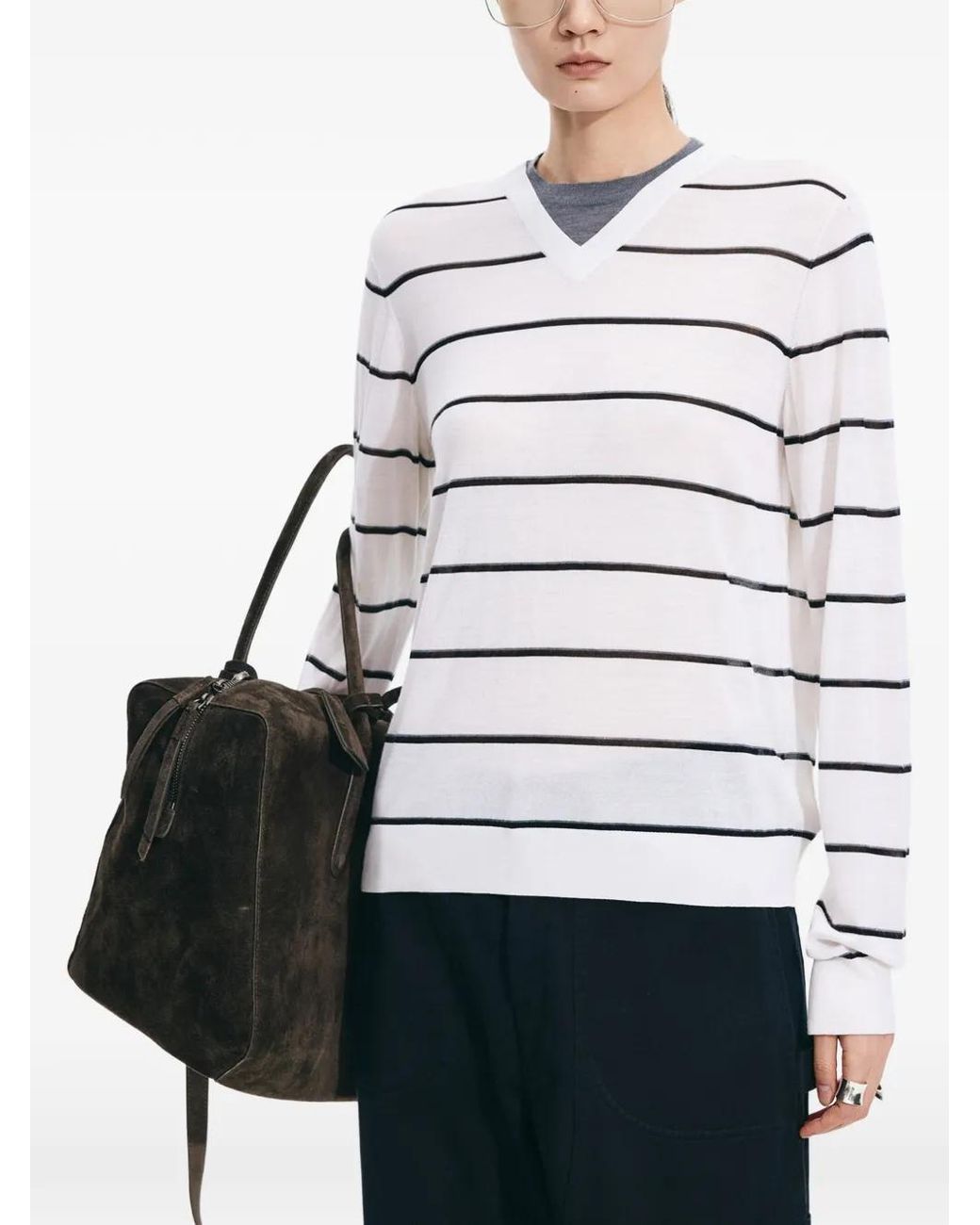 JNBY White V-Neck Striped Sweater