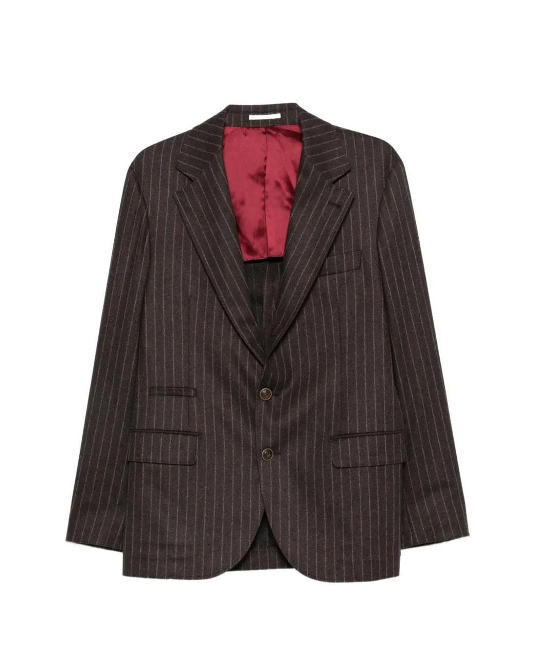 Brunello Cucinelli Brown Pinstripe Peak-Lapel Blazer for men