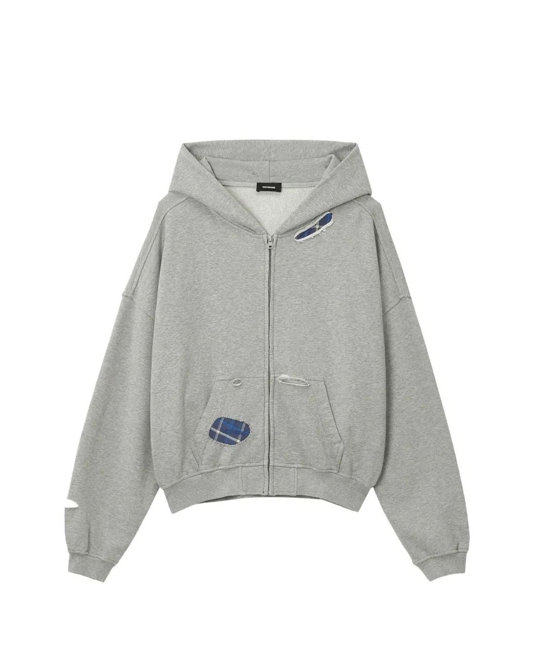 we11done Gray Distressed-Effect Zip-Up Hoodie