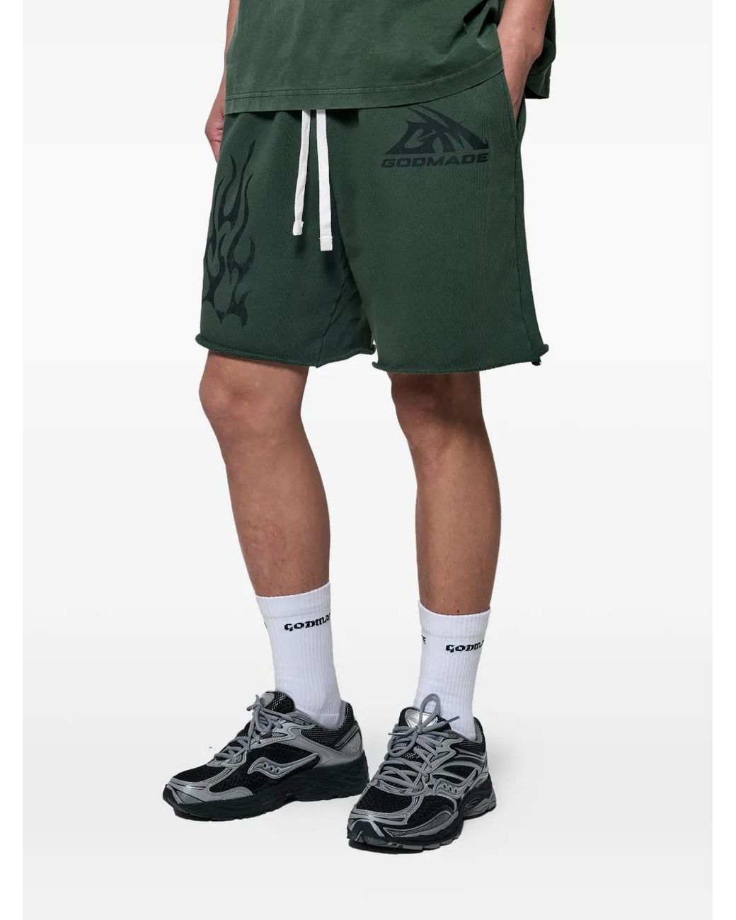 GODMADE Green Logo-Print Raw-Edge Shorts for men