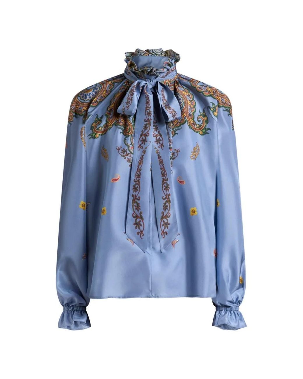 Etro Blue Silk Blouse With Silk Scarf And Placed Floral Paisley Print