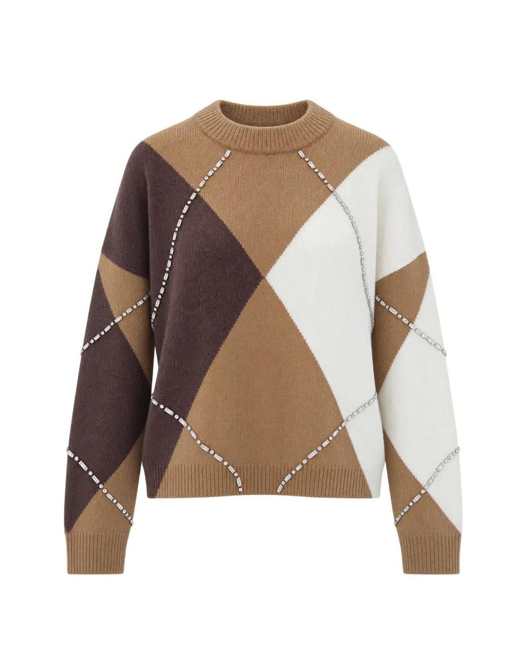 Liu Jo Brown Argyle Sweater With Jewel Embroidery