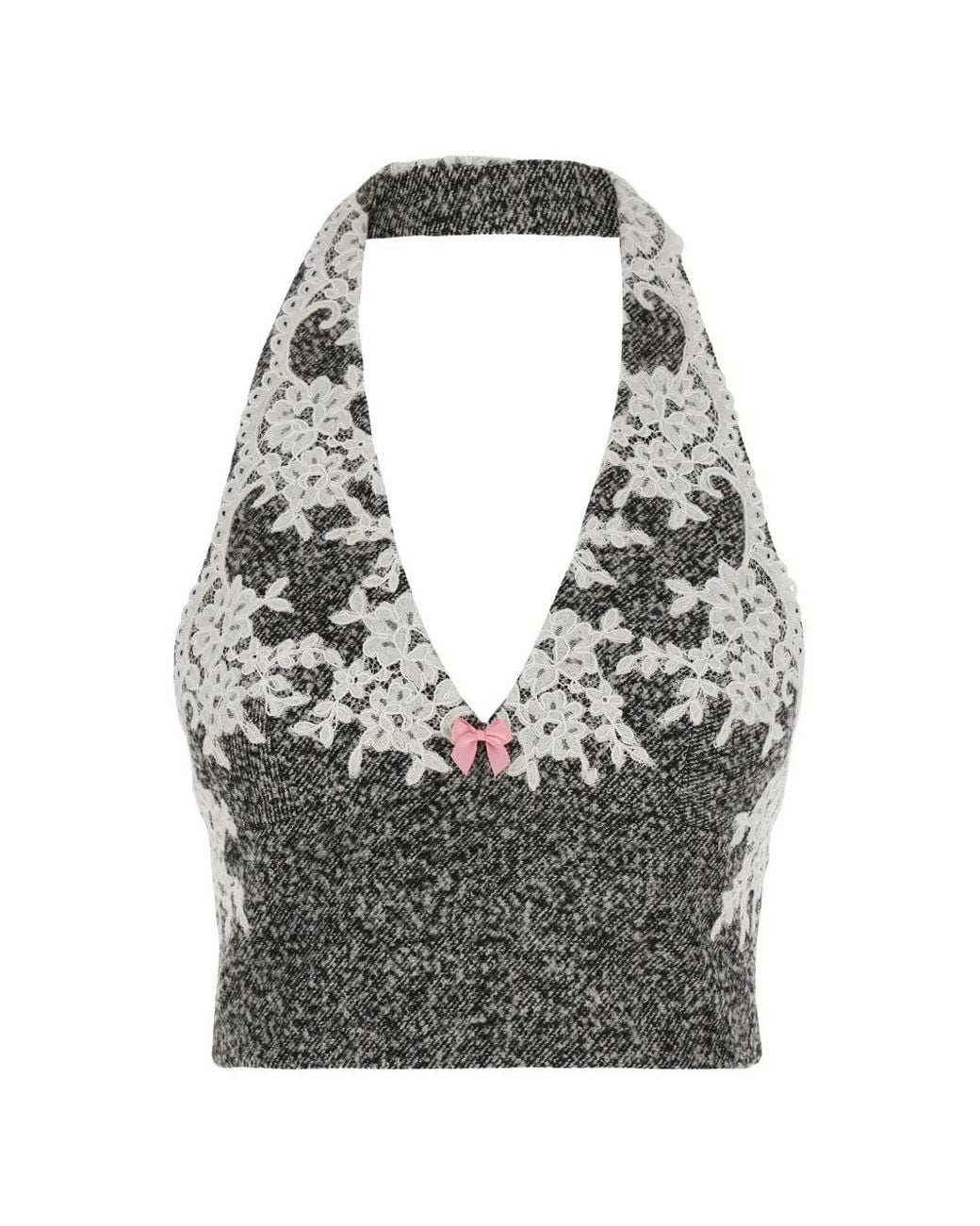 Markgong Gray Lace-Trim Halterneck Top