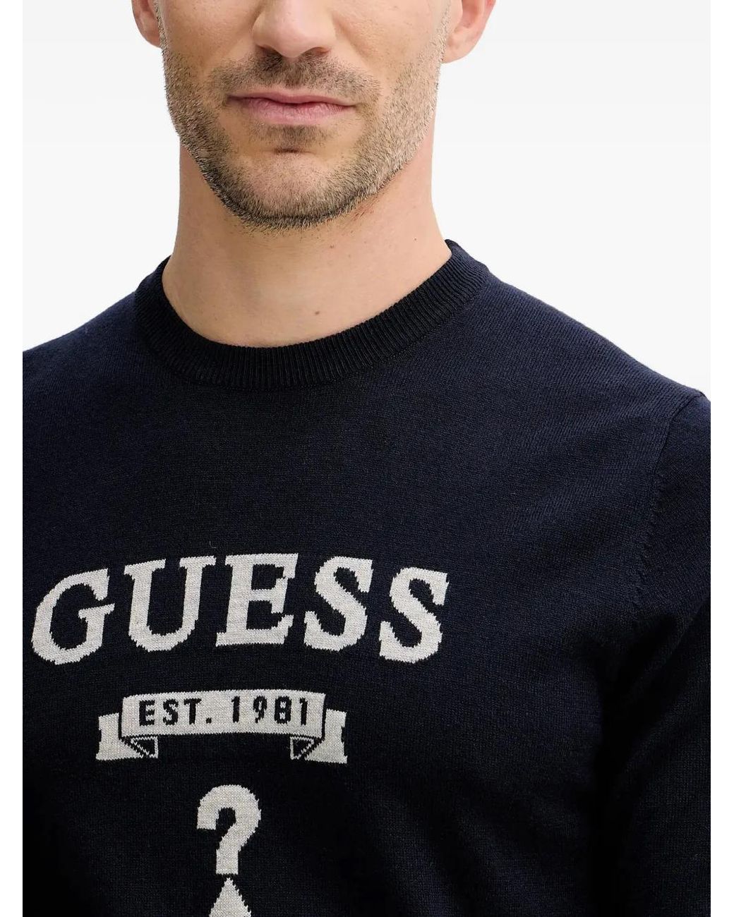 Guess Blue Logo Crew-Neck Knitwear for men