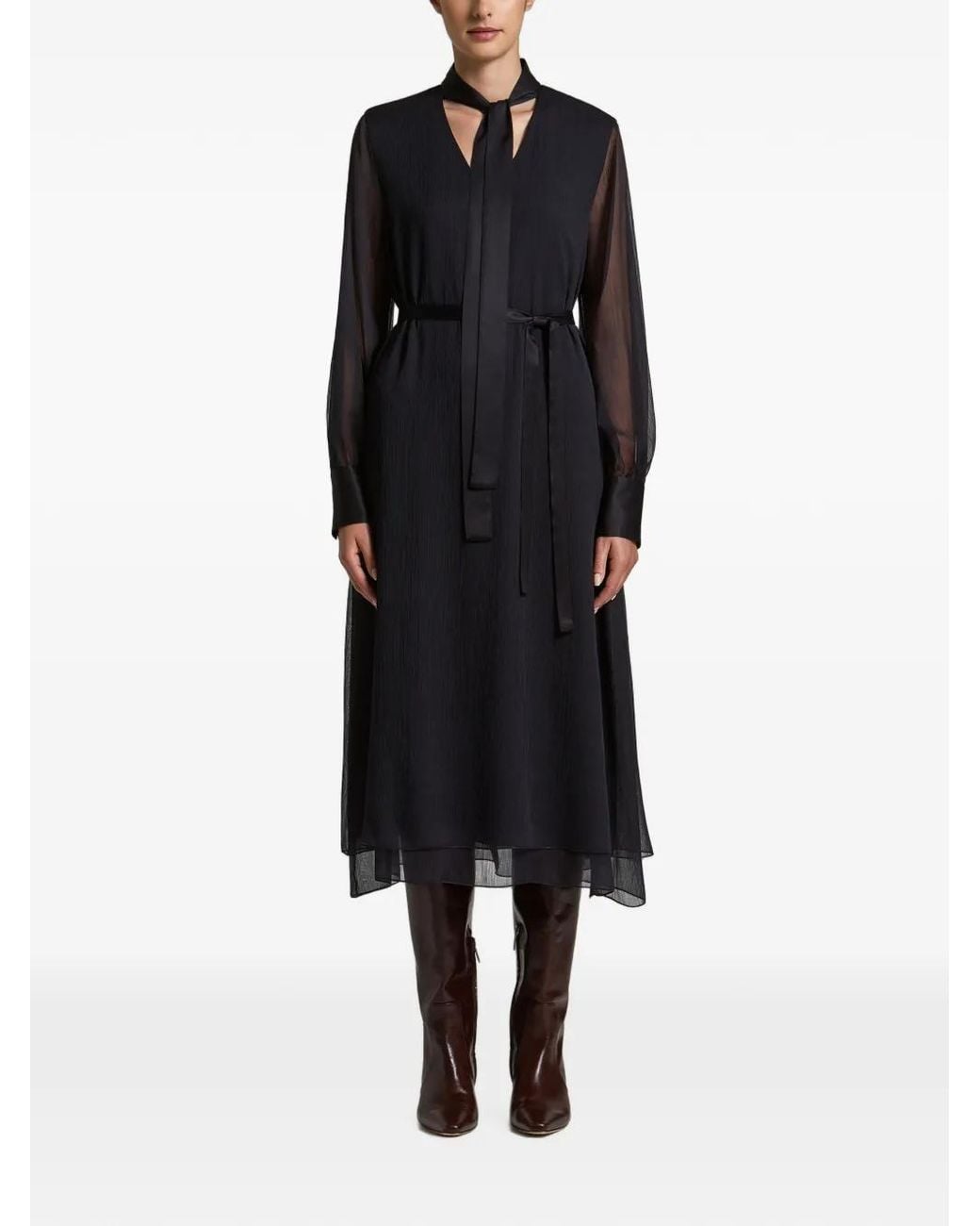 Peserico Black Tie-Neck Belted Midi Dress