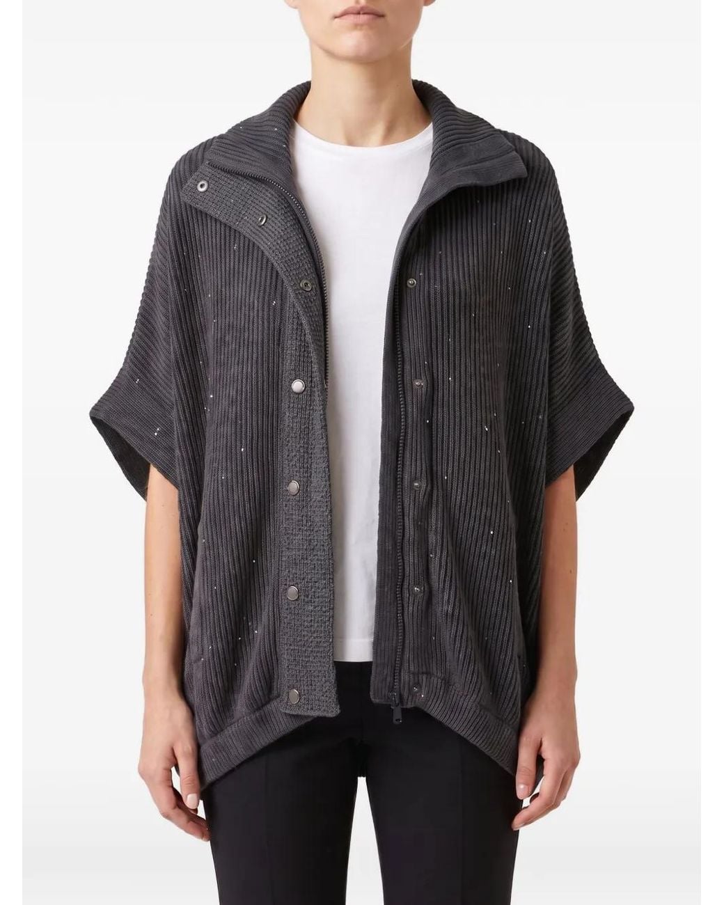 Brunello Cucinelli Black Sequin-Embellished Ribbed-Knit Jacket