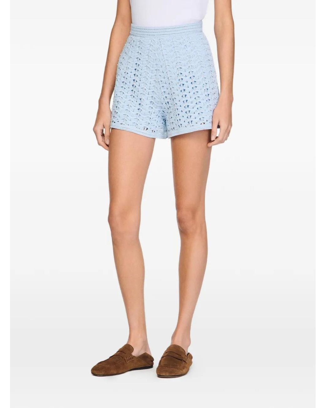 Sandro Blue High-Waisted Beaded Crochet Shorts