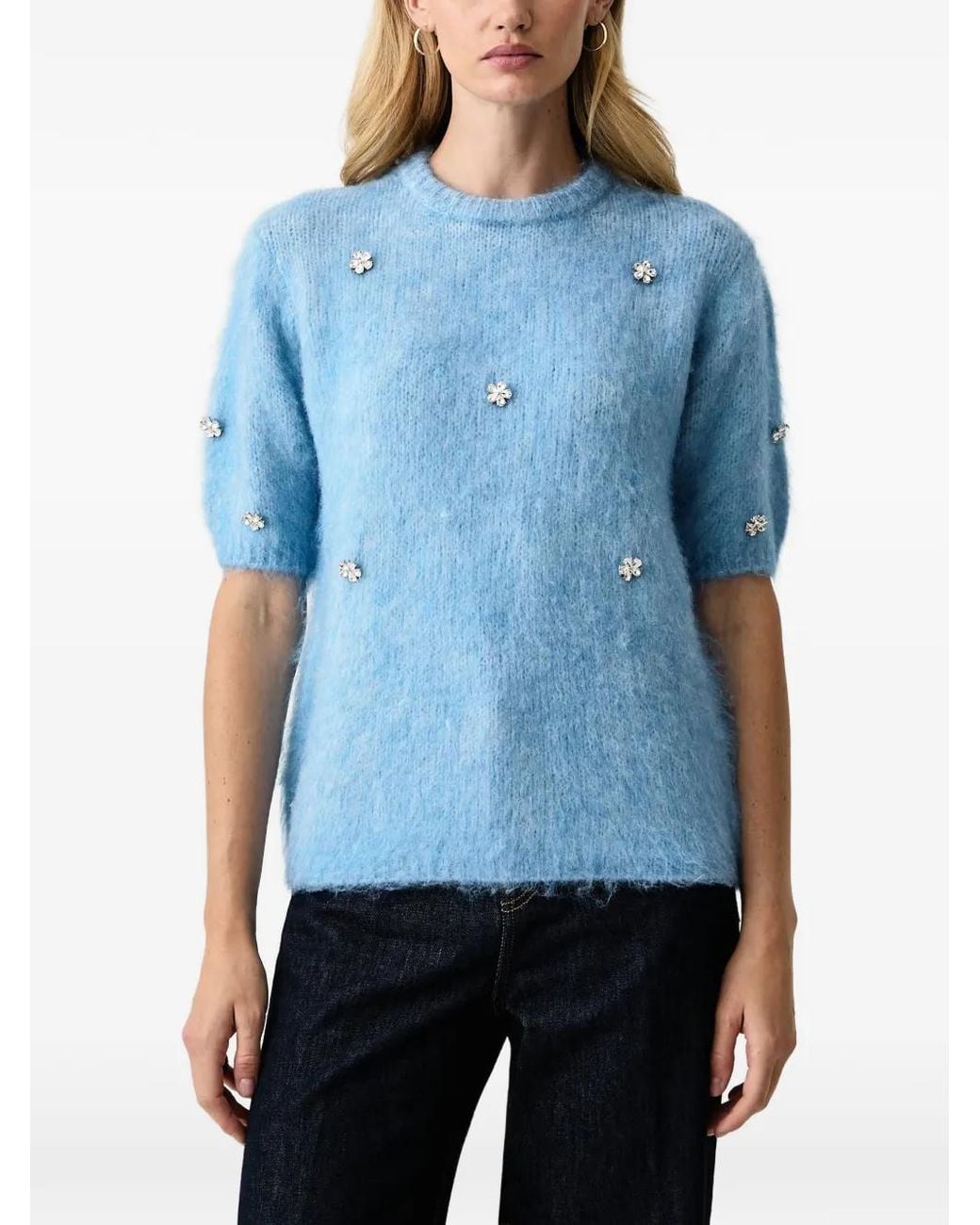 Silvian Heach Blue Crystal-Embellished Short-Sleeve Sweater