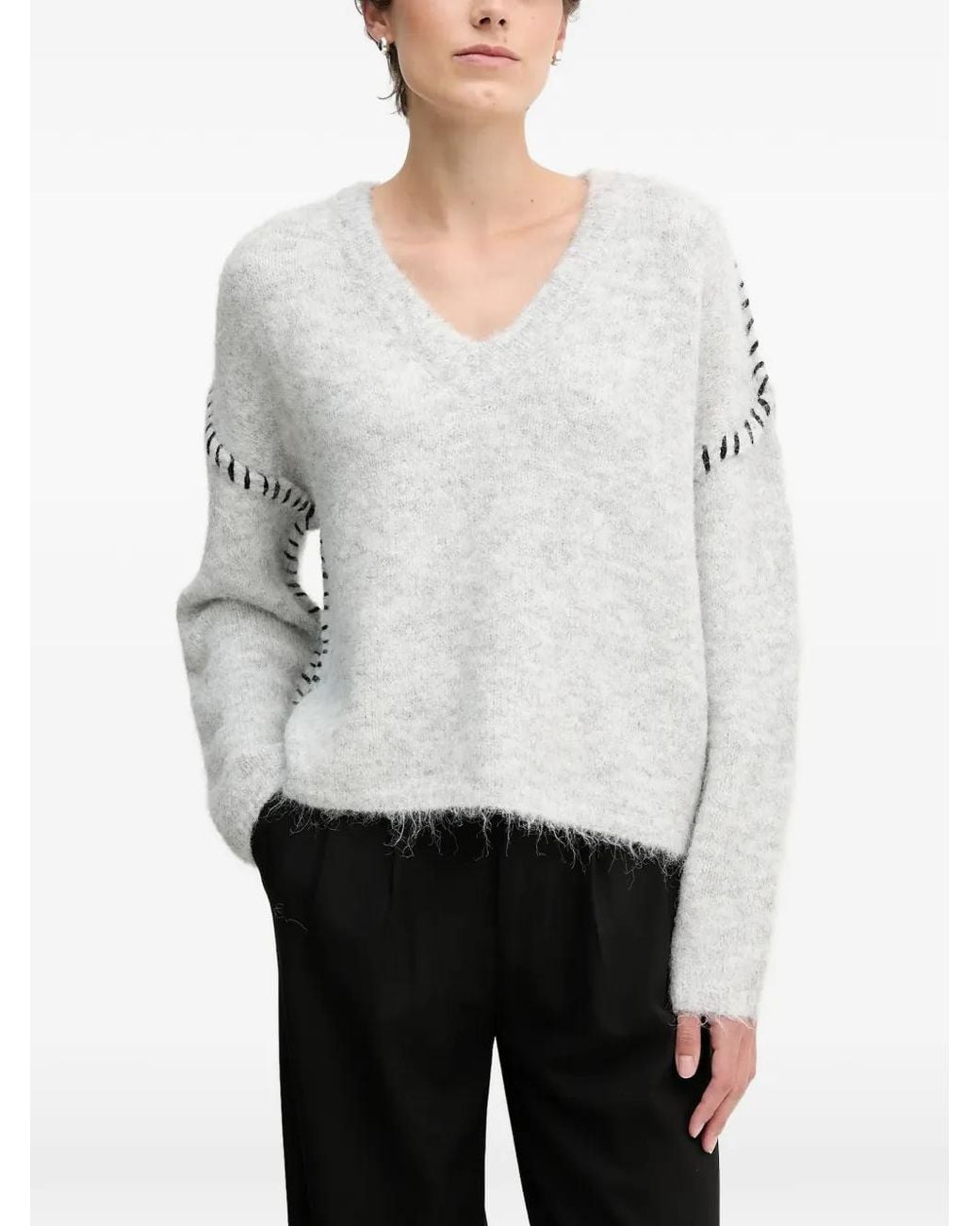 Sandro Ferrone White Whipstitch-Detail V-Neck Sweater