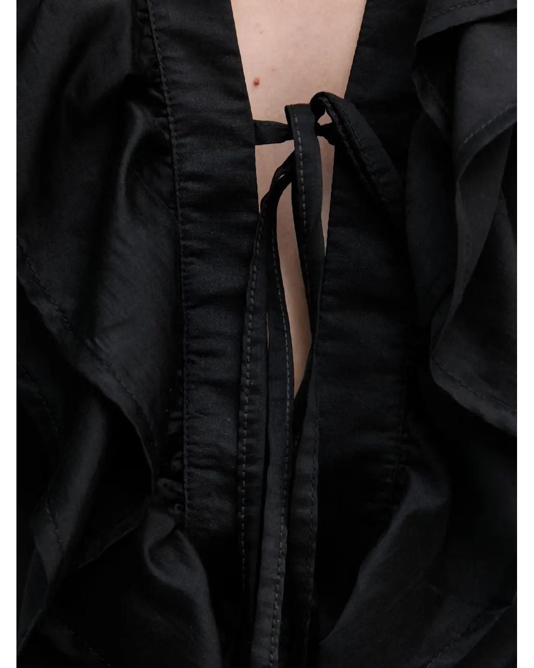 Haveone Black Ruffled Tie-Fastening Blouse