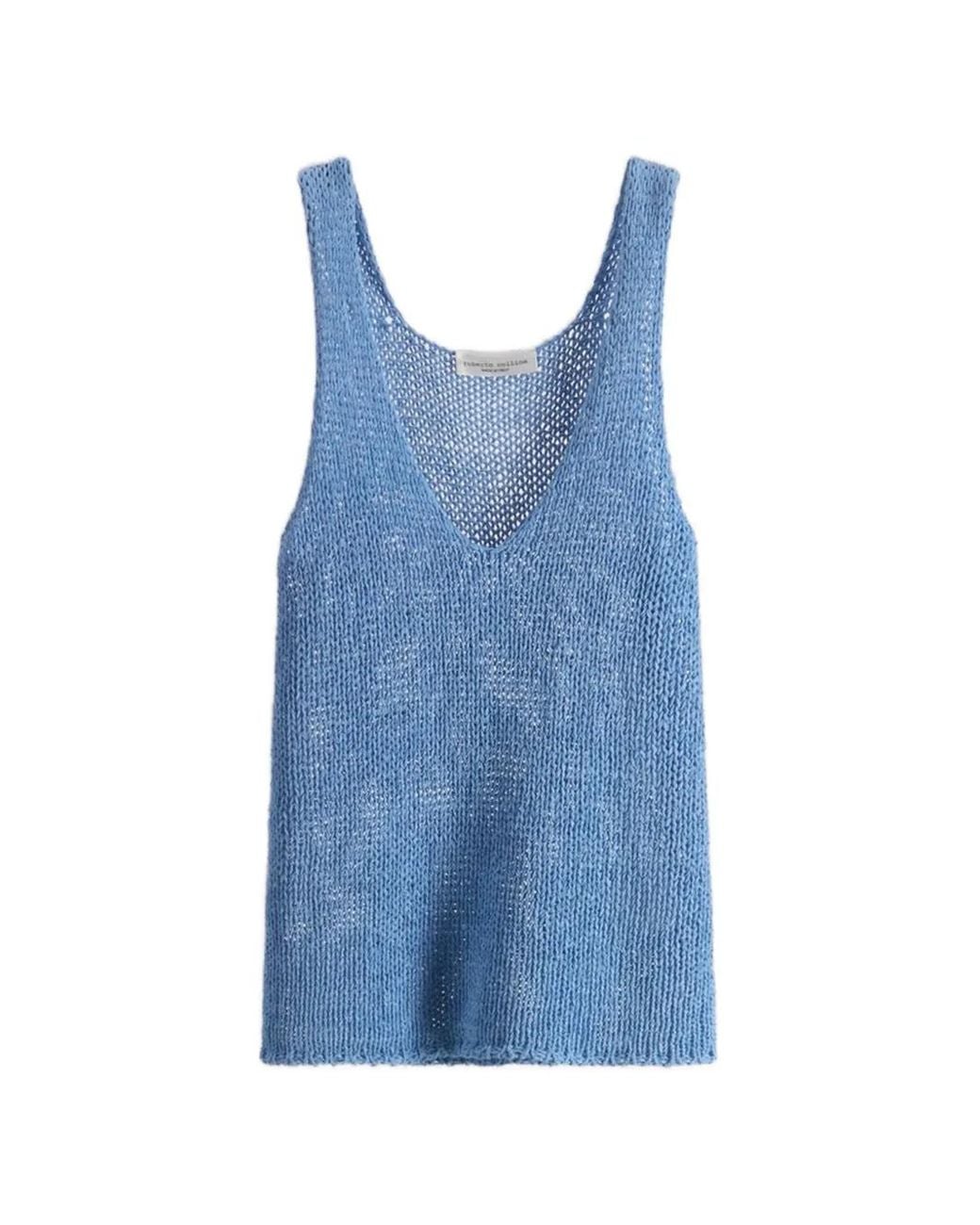 Roberto Collina Blue Ribbed-Knit V-Neck Tank Top