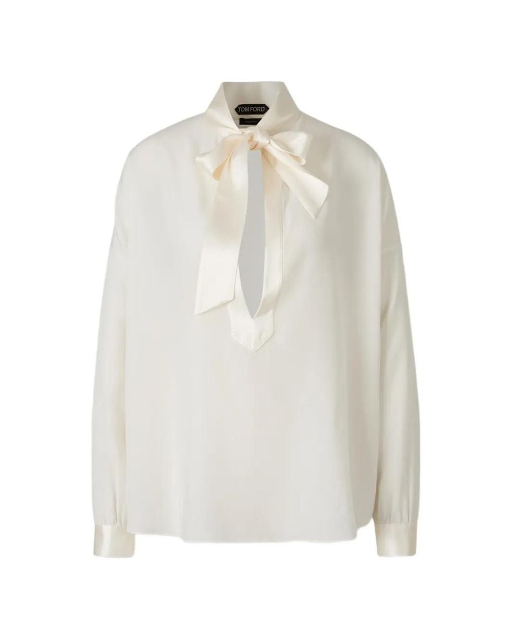 Tom Ford White Off- Silk Crepe De Chine Tunic Top With Lavallière Tie And Tuxedo Details