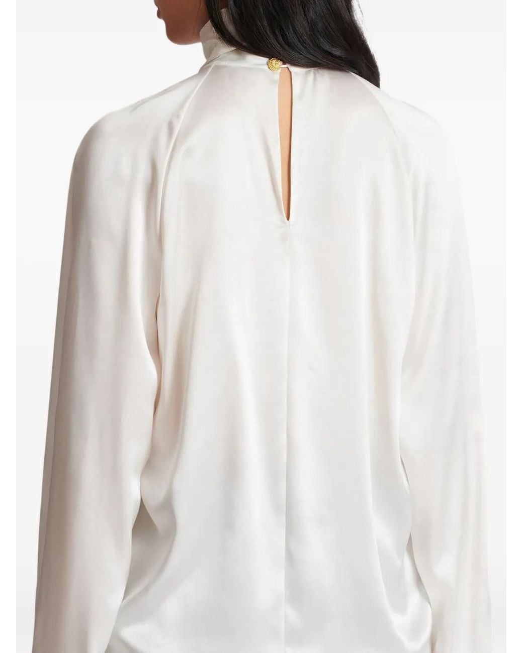 Balmain White Drapped Silk Blouse Shirt