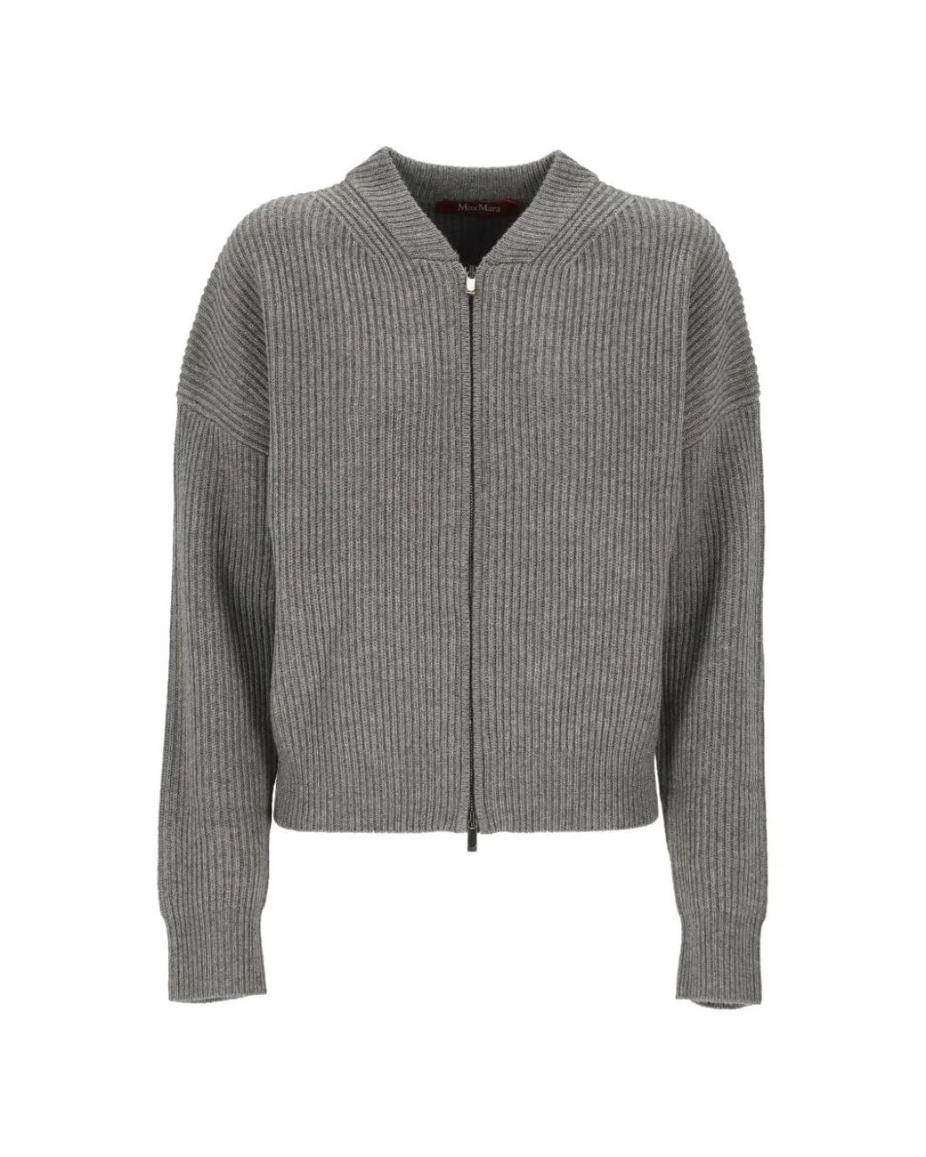 Max Mara Gray Ribbed-Knit Zip-Up Cardigan