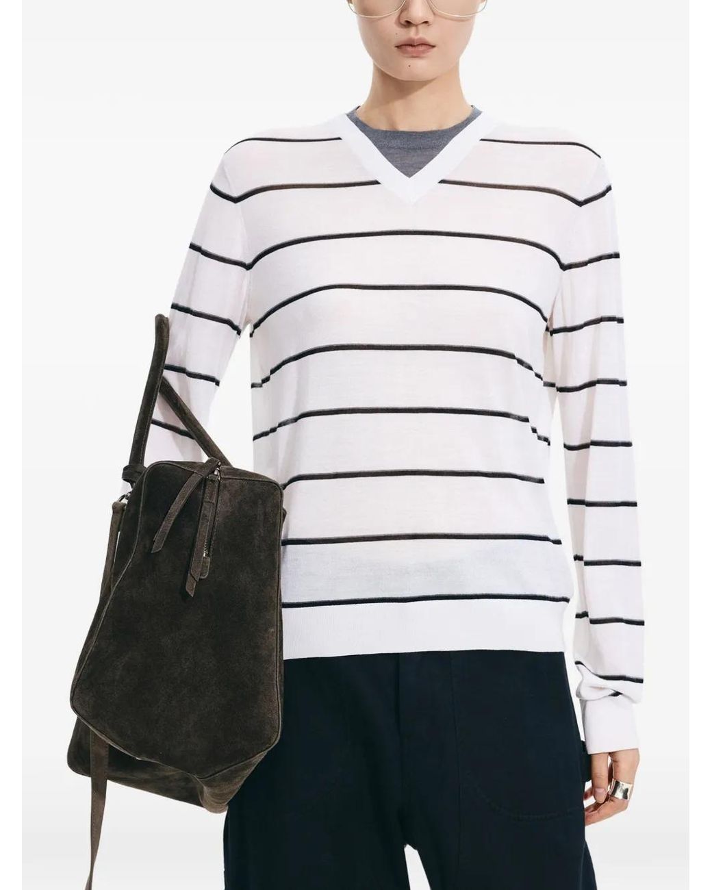 JNBY White V-Neck Striped Sweater
