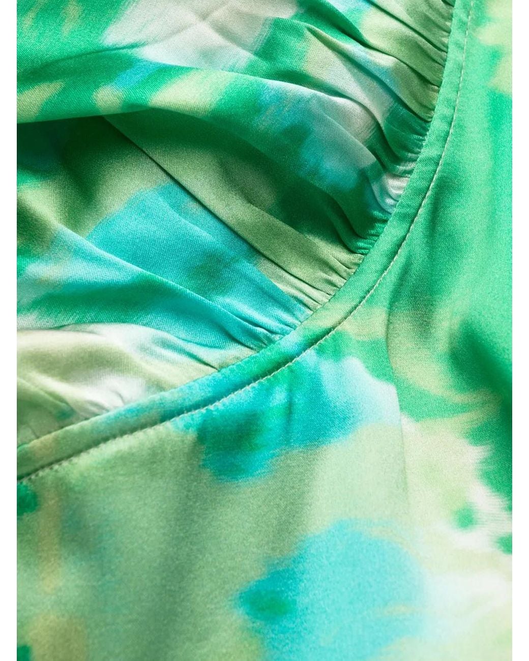 Ganni Green Printed Off-Shoulder Silk Dress