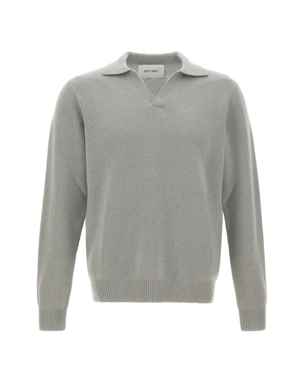 Soft Goat Gray Polo-Collar Plain-Knit Sweater for men