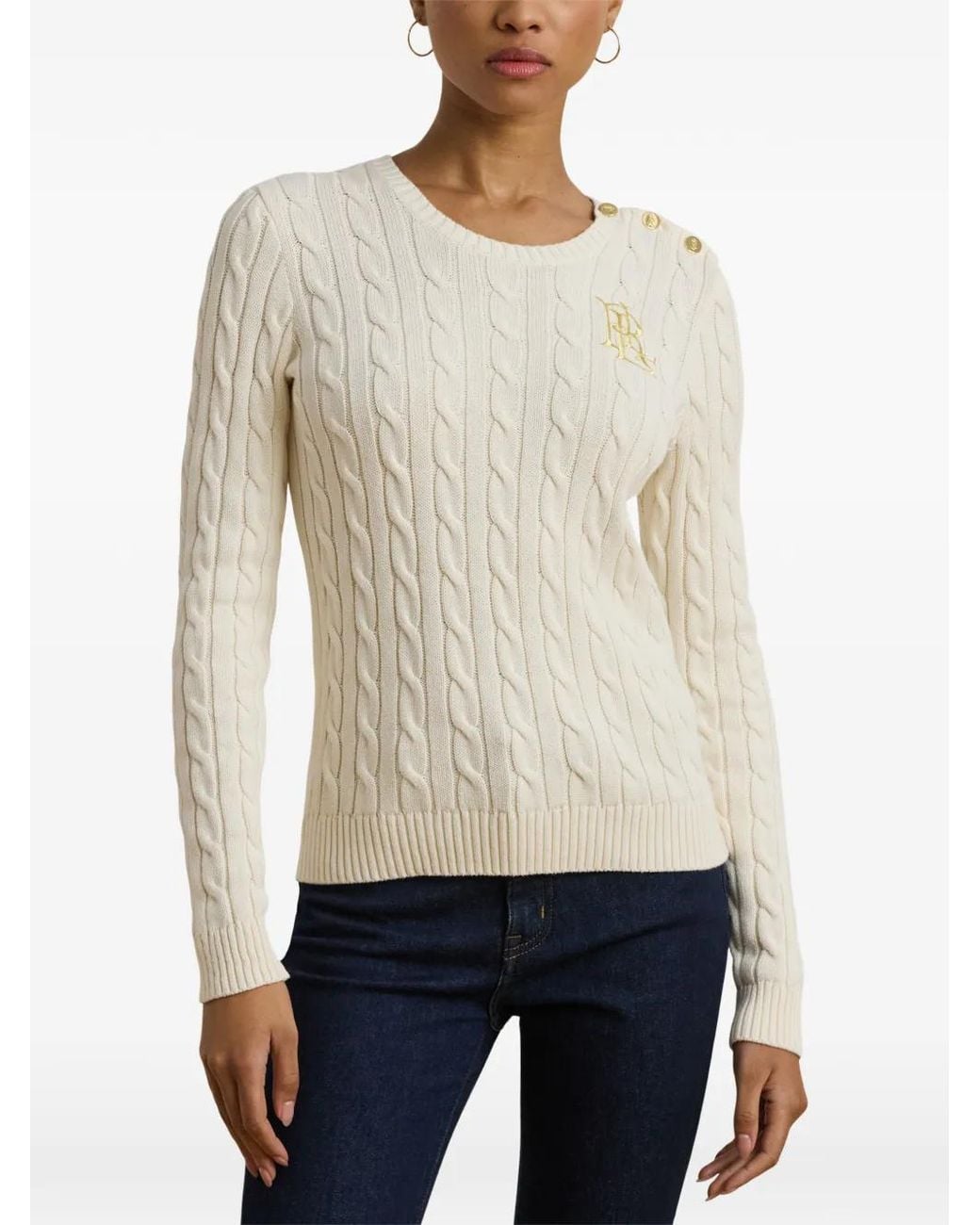 Ralph Lauren White Pull En Maille Torsadée