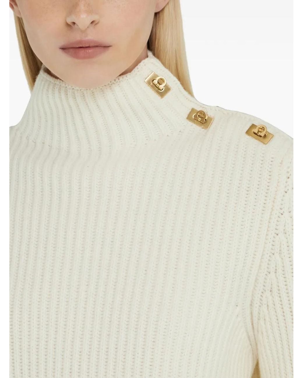 Ferragamo White Knitted Mock-Neck Sweater With Gancini Detail